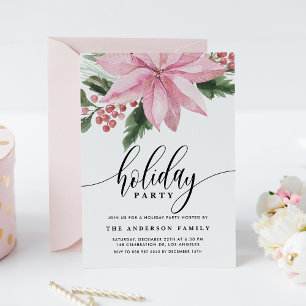 Waterverf Pink Poinsettia en Holly Holiday Party Kaart