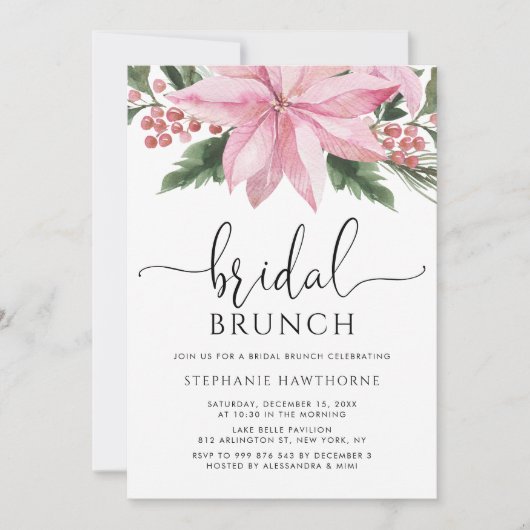 Waterverf Pink Poinsettia Winter Bridal Brunch Kaart (Voorkant)