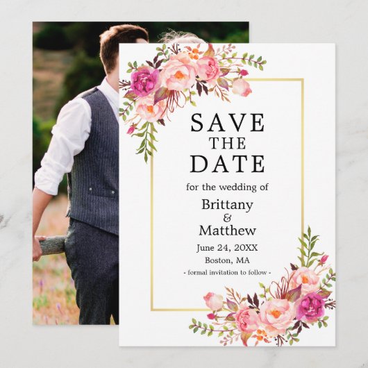 Waterverf Pink Roses Photo Gold Bewaar de datum Save The Date (Voorkant / Achterkant)