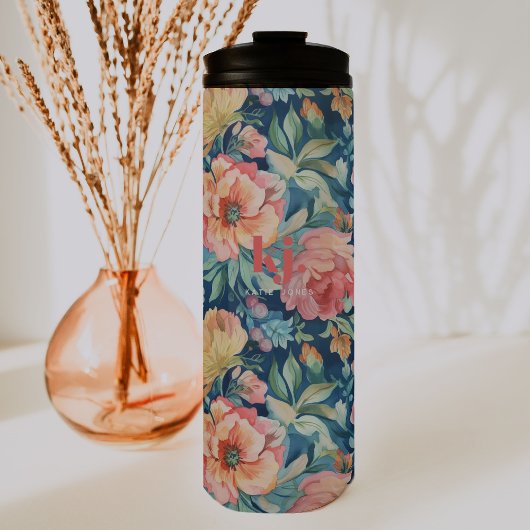 Waterverf Pioenen Floral Monogram Thermosbeker