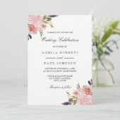 Waterverf Pioenroze Paarse bruiloft uitnodiging (Staand voorkant)