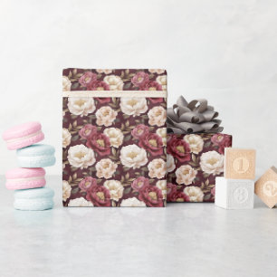 Waterverf Pioenrozen op Bourgondiër Cadeaupapier