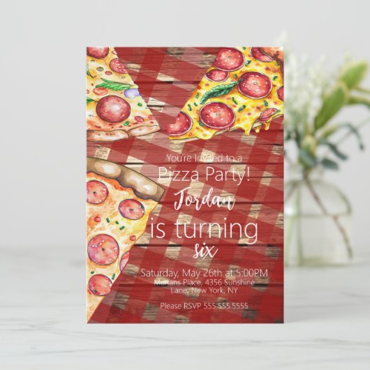 Waterverf Pizza Pie Slices Birthday Party Script Kaart (Staand voorkant)