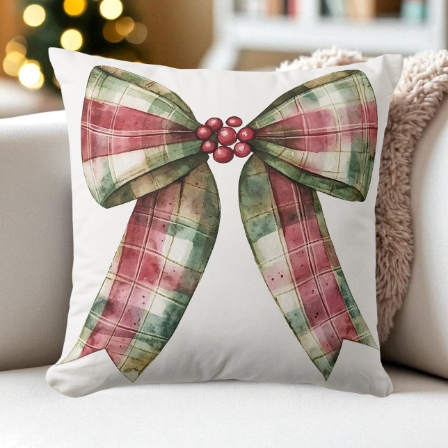 Waterverf Plaid Kerstboog Rood Groen Rustiek Kussen (Watercolor Plaid Christmas Bow Red Green Rustic Throw Pillow)