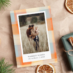 Waterverf Plaid Oranje Crème Bleekblauw 2 Foto Feestdagenkaart