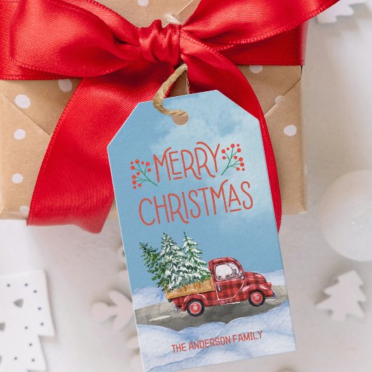 Waterverf Plaid Rode Vrachtwagen Sneeuw Kerstcadea Cadeaulabel