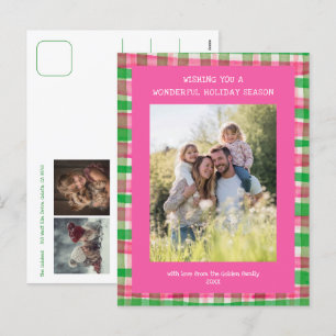 Waterverf Plaid Roze Kerst Custom 3 Foto Feestdagenkaart