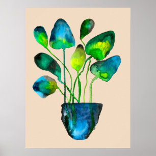 Waterverf plant groen en blauw abstract poster
