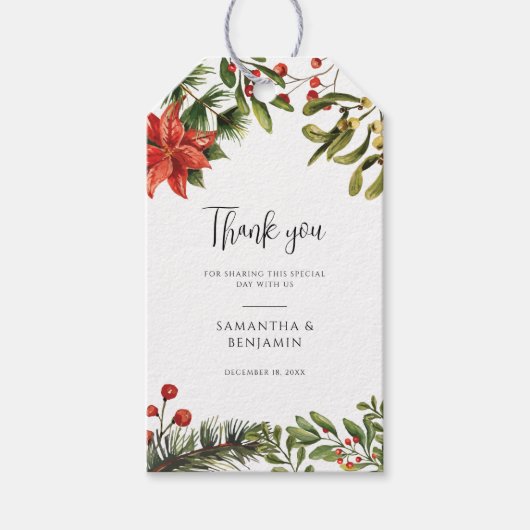 Waterverf Poinsettia bessen groen bruiloft Cadeaulabel (Voorkant)