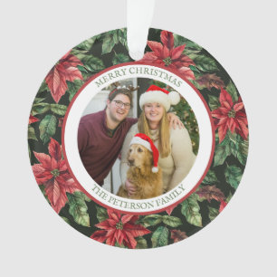 Waterverf Poinsettia bloempatroon Familiefoto Ornament