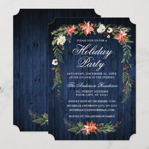 Waterverf Poinsettia Blue Wood Holiday Partij Kaart