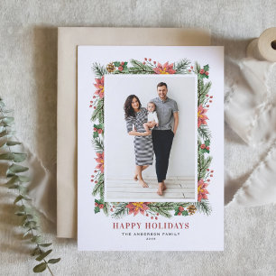  Waterverf Poinsettia en groen Foto Feestdagen Kaart