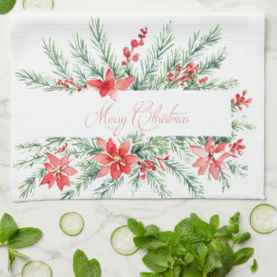 Waterverf poinsettia en groen Kerstmis Theedoek
