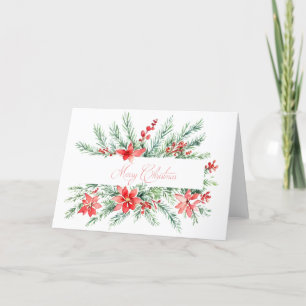 Waterverf poinsettia en groenblijvende planten feestdagen kaart