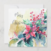 Waterverf poinsettia en Holly Christmas Custom Feestdagenkaart (Voorkant)