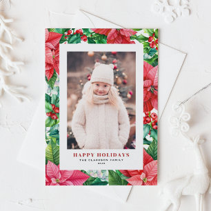 Waterverf Poinsettia en Holly Foto Kerst Feestdagenkaart