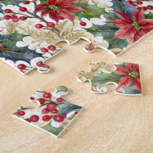 Waterverf poinsettia en hulst patroon Kerstmis Legpuzzel