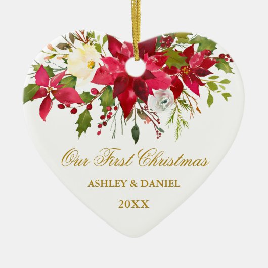 Waterverf Poinsettia Floral eerste kerstgoud Keramisch Ornament (Voorkant)