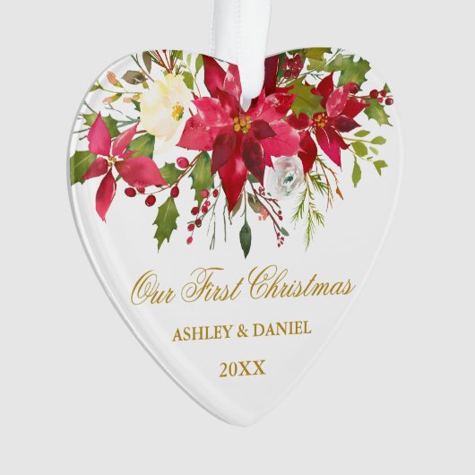 Waterverf Poinsettia Floral eerste kerstgoud Ornament (voorkant)