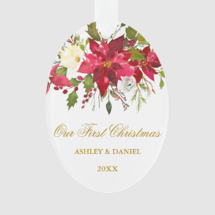 Waterverf Poinsettia Floral Eerste Kerstmis Gld Ornament