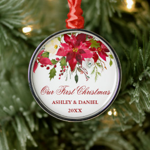 Waterverf Poinsettia Floral eerste kerstronde Metalen Ornament