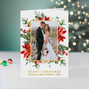Waterverf Poinsettia Floral Pas getrouwd Elegant G Folie Feestdagenkaart