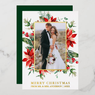 Waterverf Poinsettia Floral Pas getrouwd Green Gol Folie Feestdagenkaart