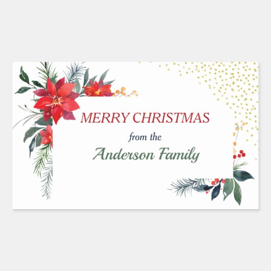 Waterverf Poinsettia Flower Holly Kerstmis Rechthoekige Sticker (Voorkant)