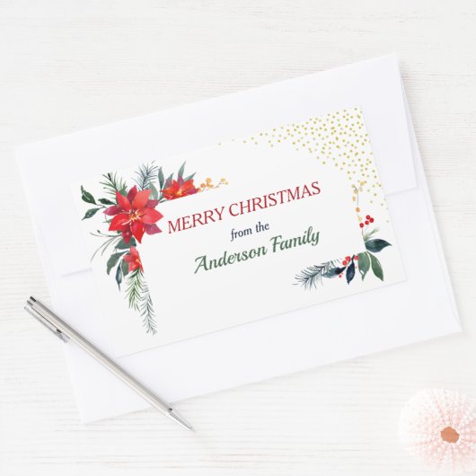 Waterverf Poinsettia Flower Holly Kerstmis Rechthoekige Sticker (Envelop)