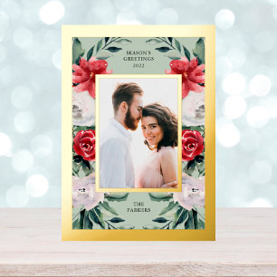 Waterverf Poinsettia Flowers met foto's en goud Folie Feestdagen Briefkaart