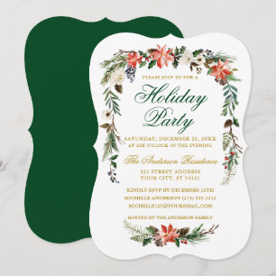 Waterverf Poinsettia Green Gold Holiday Party Kaart
