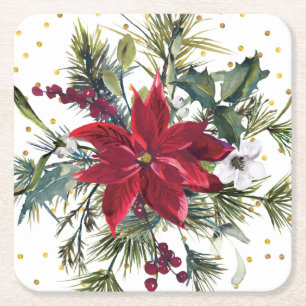Waterverf Poinsettia, heilig, met dennenkerstfeest Vierkante Kartonnen Onderzetter
