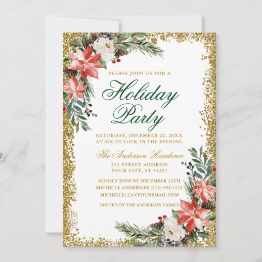 Waterverf Poinsettia Holiday Party Glitter Kaart (Voorkant)