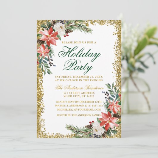 Waterverf Poinsettia Holiday Party Glitter Kaart (Staand voorkant)