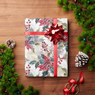 Waterverf poinsettia & Holly Christmas Cadeaupapier