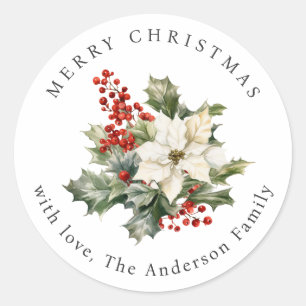 Waterverf Poinsettia Hulst Rode Bessen Kerstmis Ronde Sticker