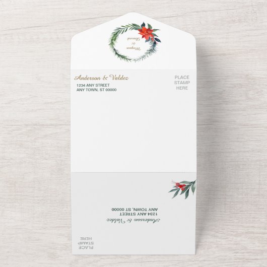 Waterverf Poinsettia Kerstfeest Lijst Weddenschap All In One Uitnodiging (Buitenkant)