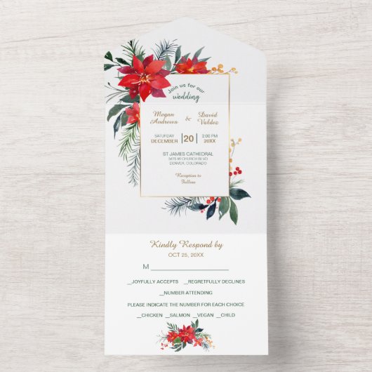 Waterverf Poinsettia Kerstfeest Lijst Weddenschap All In One Uitnodiging (Binnen)
