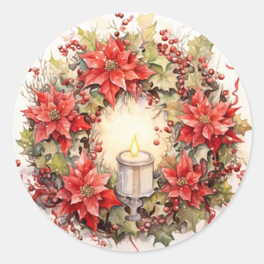 Waterverf poinsettia Kerstkrans Ronde Sticker (Voorkant)