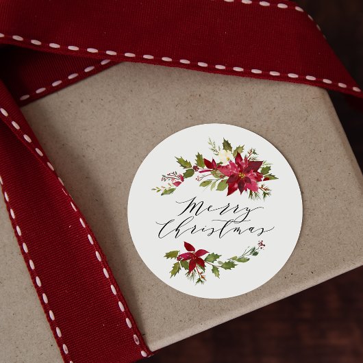 Waterverf Poinsettia Vrolijk kerstscript Ronde Sticker