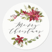 Waterverf Poinsettia Vrolijk kerstscript Ronde Sticker (Voorkant)