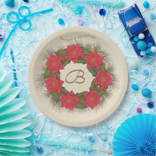 Waterverf Poinsettia Wreath - Monogrammen Papieren Bordje (Feest)