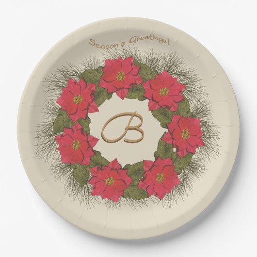 Waterverf Poinsettia Wreath - Monogrammen Papieren Bordje (Voorkant)