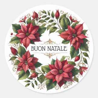 Waterverf Poinsettias "Buon Natale" Italiaans Ronde Sticker