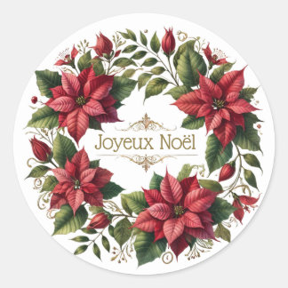 Waterverf Poinsettias French Joyeux Noël Ronde Sticker