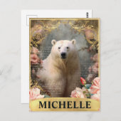 Waterverf  Polar Beer en Roze Rozen Briefkaart (Voorkant / Achterkant)