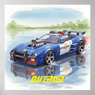 Waterverf politie auto ontlopen Poster muurkunst