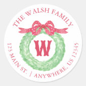 Waterverf Polka Dot Bow Monogram Krans Adres Ronde Sticker (Voorkant)