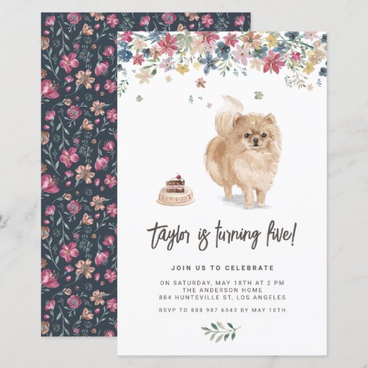 Waterverf Pomeranian Dog Birthday Invitation (Voorkant / Achterkant)