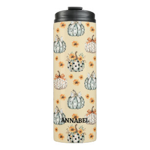 Waterverf pompoen en bloemen script naam thermosbeker